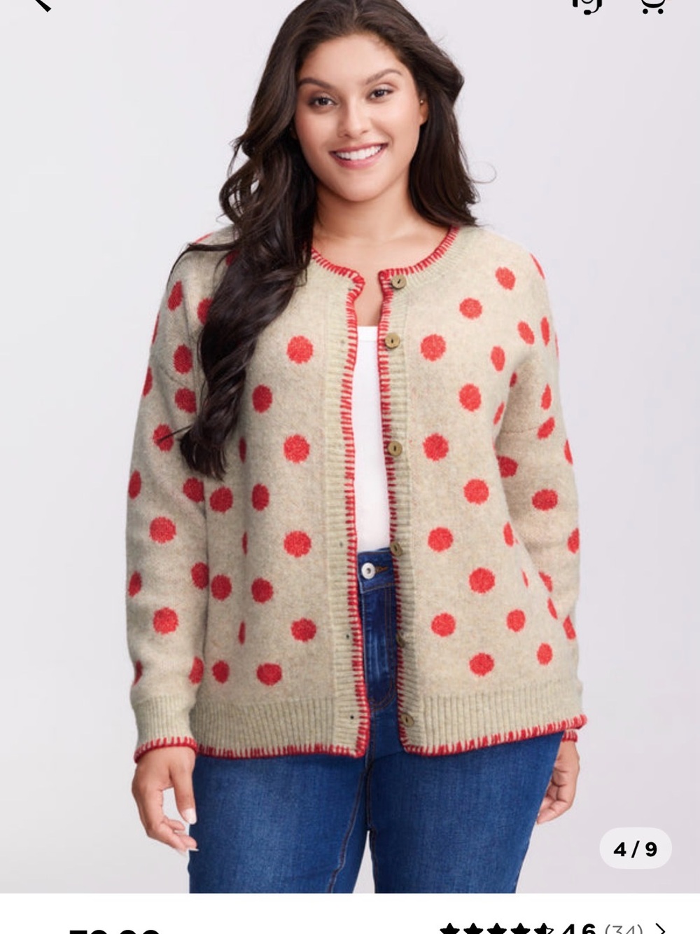 BloomChic Beige Cardigan with Red Polka Dots